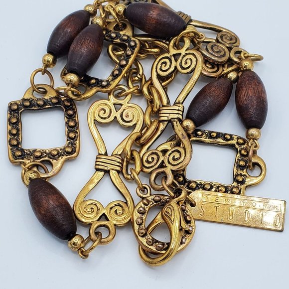 Gold-tone Bow Geometrical Linked Wooden Bead Belt Vintage - Picture 2 of 6